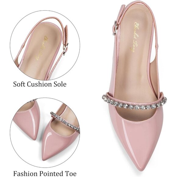 Women Pink Polyurethane (PU) Rhinestone Pointed Toe Slingback Flats Shoes - Picture 2 of 6